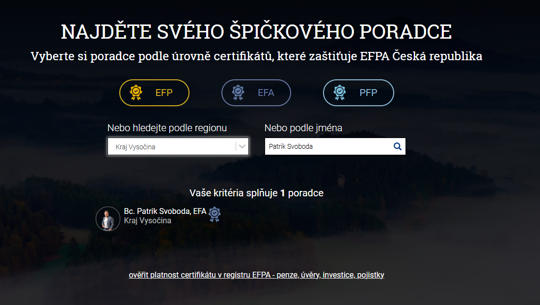Vyhledávání poradců v registru EFPA – příklad